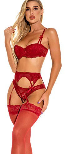 Bluewhalebaby - Set lingerie sexy da donna, confortevole, reggiseno push-up con ferretto e slip, in pizzo fine, con cintura a giarrettiera opzionale Rosso con reggicalze 2C
