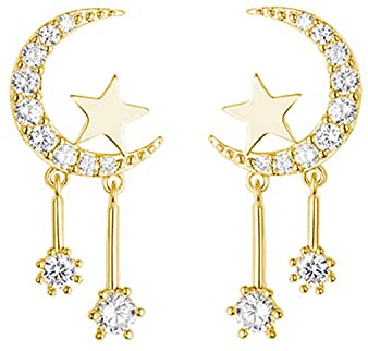Reffeer Massive 925 Sterling Silber Halbmond Stern Ohrringe Ohrstecker für Frauen Teenager Mädchen CZ Mond Ohrstecker Stern Quaste Ohrringe