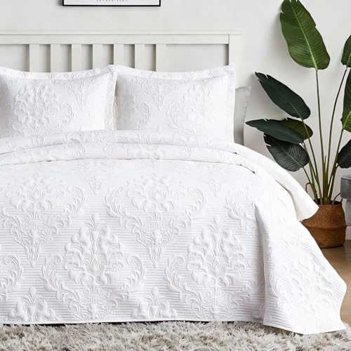 Hansleep White Quilt Queen Size - Damask Ultrasonic Summer Bedspread Queen, Soft Lightweight Coverlet Bedding Set, 3 Pieces (1 Quilt, 2 Pillow Shams)