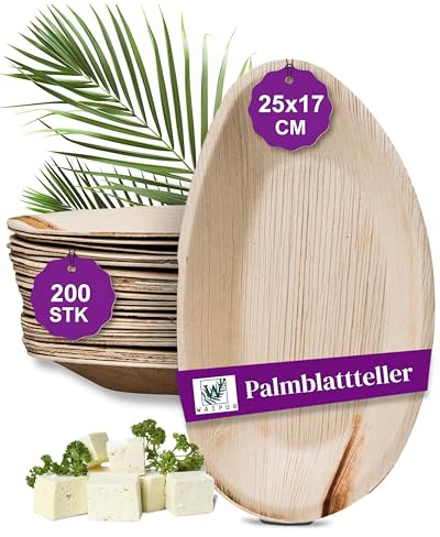 Waipur Piatti in Foglia di Palma Biologici - Set Ovalo 25 cm da 200 Pezzi - Stoviglie Monouso Biodegradabili di Alta Qualità - Eleganti e Resistenti - Simile al Bambu - Ideale per Feste