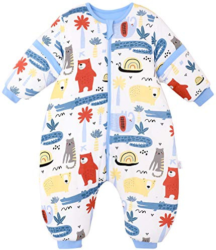 Chilsuessy Babyschlafsack 3.5 Tog Winter Kinder Schlafsaecke mit abnehmbar Langarm und Beinen,aus gesund Bio Baumwolle Baby Winterschlafsack, Krokodil und Bär/3.5 Tog, 90cm/Baby Höhe 95-105cm