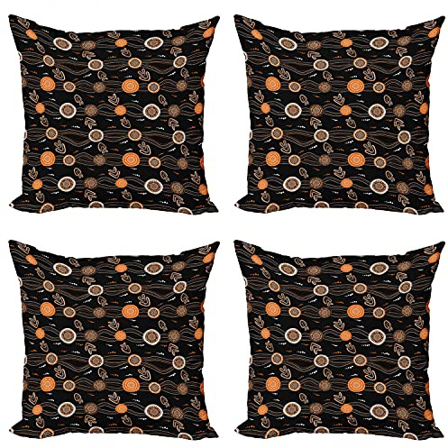 ABAKUHAUS Aboriginal Throw Pillow Cushion Case Pack of 4, Waves Dots and Boomerang, Modern Accent Double-sided Digital Printing, 40 cm x 40 cm, Grey Orange