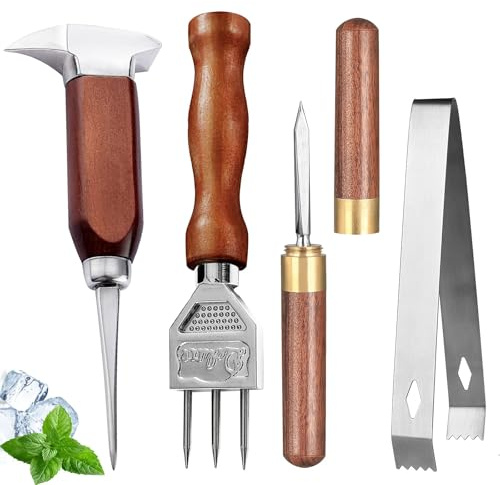 Ice Pick Set of 4 Stainless Steel Ice Chipper with Wood Handle, Japanese style Ice Crusher Ice Tong ideal for Bars, Bartender. Best Carving Tool (4PCS SET)…