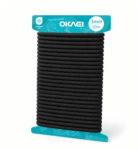 Okaei Gummikordel 3mm x 10m - Hochwertiges Gummiseil in Schwarz, Flexibles Gummiband/Hutgummi/Rundgummi - Ideal für DIY Projekte und Handwerk
