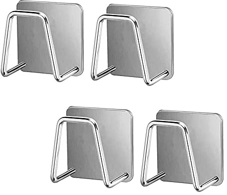 TOFBS 4 Stück Selbstklebend Schwammhalter für Küche Spülbecken, Geschirrtuchhalter, Edelstahl Spülbecken Organizer für Spültuch, Bürste, Topfdeckel, Abflussstopfen, Spülschwämme (Silber)
