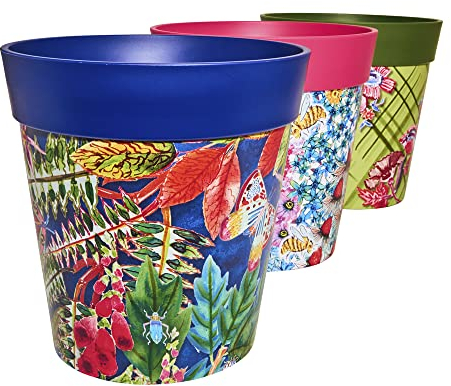Hum Flowerpots, 22 cm, 3er-Set, in Verschiedenen Farben und Mustern, Blumentöpfe aus Kunststoff für Drinnen und Draußen, Mehrfarbiges Blumenmuster