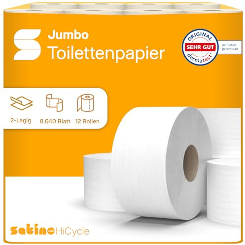 12 Toilettenpapier Großrollen 2-lagig – 8.640 Blatt – Ø Hülse: 6 cm/Ø Rolle: 18 cm - Made in Germany - EU Ecolabel Zertifiziert - JT1 kompatibel - Jumborolle aus 100% Recyclingpapier - Satino