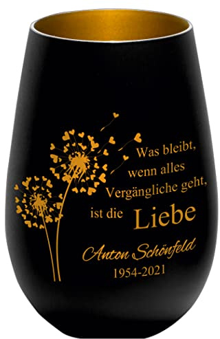 Trauerlicht - was bleibt wenn Alles Vergängliche geht - schwarz/Gold - Gravur Namen und Datum - Gedenklicht Erinnerungslicht Grablicht Trauergeschenk