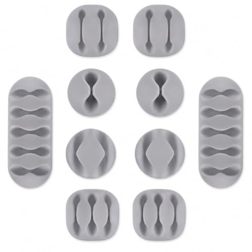 Rohans Desktop Cable Holder Clips, 10-Pack Cable Management Cord Organiser Clips Silicone Adhesive for USB Charging Cable Mouse Wire PC Office Home (Grey)