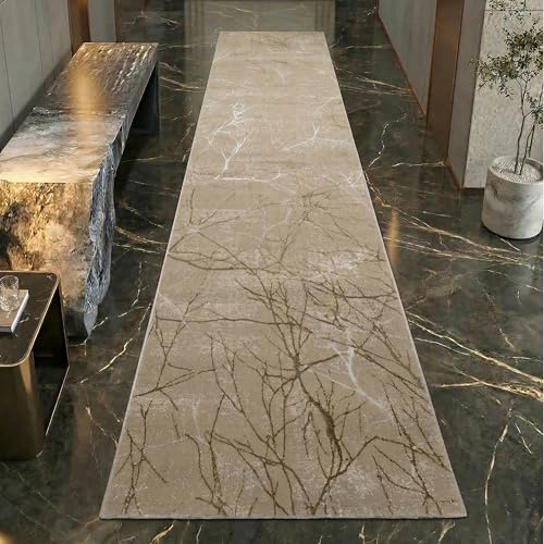 Teppich-Traum Kurzflor Teppich Ästemuster Beige 80x300 cm | Pflegeleicht, strapazierfähig, schmutzabweisend, seitlich gekettelt, fußbodenheizungsgeeignet, mit Glanzeffekt, 8 mm Flor