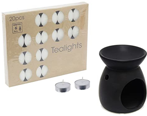 Black Ceramic Tealight Essential Oil Burner Fragrance Burner Set | Wax Melt Burner Aroma Lamp Candle Diffuser | Pack Of 20 White Ivory Tealight Candles