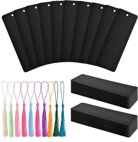 WANDIC Blanko Lesezeichen, 60 Stück Schwarze Leeres Lesezeichen & 60 Stück Bunte Quasten, mit Loch, Basteln Papier Rohlinge Set für DIY Handwerk Projekte Geschenkanhänger