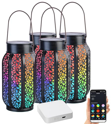 Lunartec Solar-Laternen mit App: 4er-Set smarte Solar-Laternen mit RGB-CCT-LEDs & WLAN-Gateway, Metall (Laterne mit Bluetooth, Ambientebeleuchtung RGB, Gartenleuchte Standleuchte)