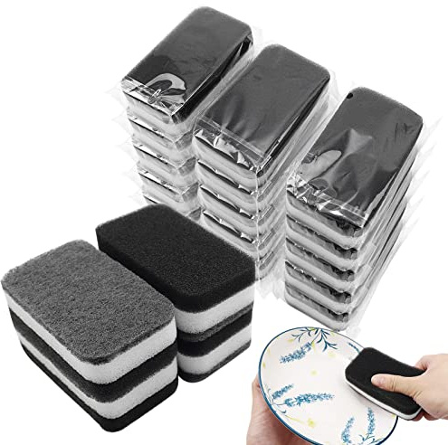 Kitchen Dishwashing Sponge Individually Wrapped Sponges, Bulk Non Scratch Scouring Pad Odor-Free for Washing Dishes Wipes for Household Cleaning Dishes Travel Apartments (Black- 24 Pack)