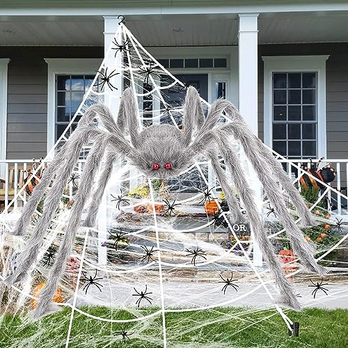 iZoeL XXL Halloween Deko 700cm Riesige Spinnennetz+ 200cm Graue Spinne +Spinnweben+ 30 Mini Spinne, Halloween Garten Deko Außendekoration Riesenspinne(Grau)
