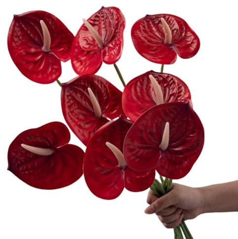 Corkwaw Künstliche Anthurium-Blumen, fühlen sich echt an, für Tischdekoration, Arrangement und Brautschmuck, Hochzeit, Festival, Dekoration, Blumenarrangement, Rot, 8 Stück