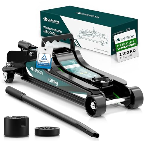 Wagenheber hydraulisch 2,5T – TÜV – 85-380mm Hub – flach für tiefergelegte Autos – Rangierwagenheber inkl. Gummiauflagen [Karton]