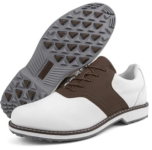 Scarpe da Golf Maschile, Pelle Business Spikeless Stivali, Sneaker Classico Traspirante Non-Slip Casual White&Brown, 43
