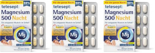 tetesept Magnesium 500 Nacht – Nahrungsergänzungsmittel mit hochdosiertem Magnesium – entspannte Muskeln im Schlaf mit Magnesium Tabletten – 1 x 30 Tabletten | 30 Stück (3er Pack)