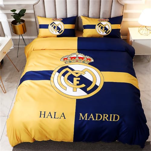 ENIXWH Juego de ropa de cama de microfibra con diseño de estrella del fútbol 3D, diseño de Madrid, juego de 1 con cremalleras y 2 fundas de almohada (A, 135 x 200 cm)