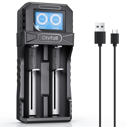 Dlyfull 18650 Ladegerät, Universal Akku Ladegerät für 3,7 V Li-Ion Akku, Tragbares USB-C Batterieladegerät mit LCD Display für 18650 21700 26650 18500 18350 17670 17500 16340 ect. 2 Fach