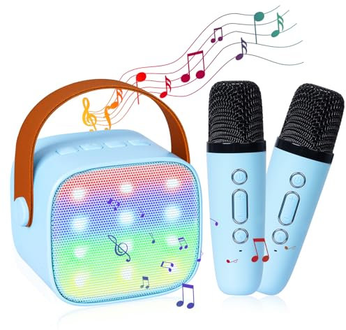 Karaoke Maschine mit 2 Drahtlosen Mikrofonen, Tragbares Bluetooth Karaoke Maschine für Kinder Erwachsene, mit LED-Licht und Sprachveränderungseffekten, tragbare, Geschenke für Mädchen und Jungen