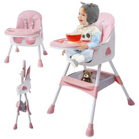 Chaise Haute 2 en 1 Pour Bébé à Partir de 6 Mois - Rose - Pliable Avec Repose-Pieds - Jeu de Couverts et Plateau Pour Repas - Chaise de Salle à Manger