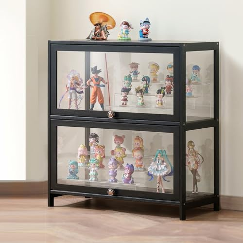 JFOZDM Vitrina, Vitrina Expositora Multifuncional de Vidrio a Prueba de Polvo, Diseño de Puerta de Gabinete con Solapa, Vitrina Cristal para Oficinas, Dormitorios, Salas de Estar 60×33×73cm Negro