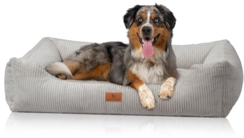 Knuffelwuff Hundebett aus geripptem Samt mit handgewebtem Olivia-Motiv XL, 105 x 75 cm, Hellgrau, abnehmbare, waschbare Hülle, für große, mittlere und kleine Hunde