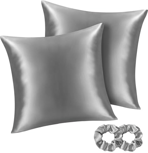 BEDELITE Satin Kissenbezug 2er Set 80x80 Grau | Seidenkissenbezug Alternative, Weich für Sommer, 2 Haargummis inklusive, für Haar und Haut