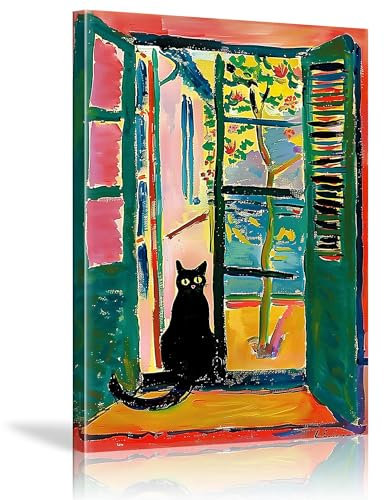 Henri Matisse Wandkunstdrucke, berühmtes Poster mit offenem Fenster, schwarzes Katzenposter, lustige Katzenwanddekoration, Katzenwandkunst, abstrakte Kunstdekoration, 72x95cm (29x37in) mit Rahmen