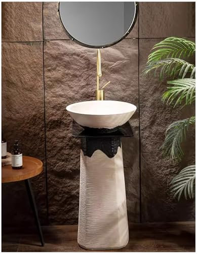 ZTGL Säule-Waschplatz Modern New Keramik Art Standwaschbecken Waschtisch Freistehende Waschbecken in Schwarz und Weiß, with Wasserhahn and Drain für Indoor and Outdoor,with Mirror