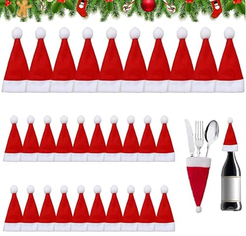 PTBWS 30 Stück Mini Weihnachtsmütze,Kleine Weihnachtsmützen Bestecktaschen Weihnachten,Weihnachtsmann Mütze für Besteck Tasse Flasche,DIY Xmas Home Party Tischdekoration
