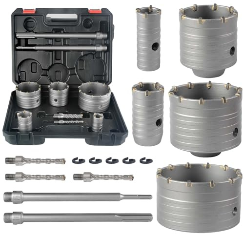 BINOTA 9PCS Concrete Hole Saw Kit, Rotary Hammer Core Bit Hole Saw, with SDS Plus and SDS MAX Shank, for Concrete Cement Brick Wall Stone Masonry, Core bit Set 30 40 65 80 100 mm