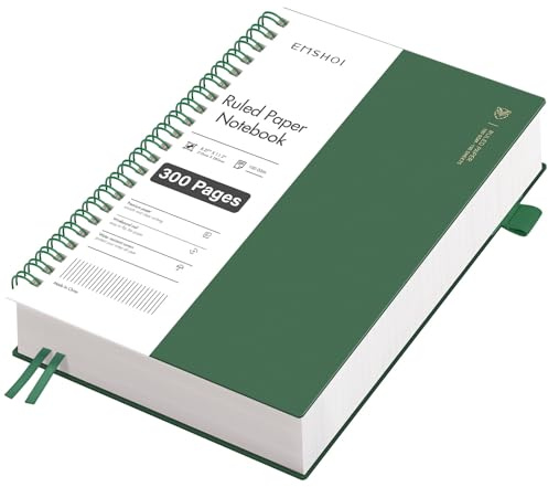 EMSHOI Notizbuch A4 Liniert, 100g/m² Papier, 300 Seiten - Tintengrün | Notizblock Liniert mit PVC Cover, 180° flach, Innentasche, Stiftschlaufe, Lesezeichenband, für Büro Schule, 21.5 x 27.9cm