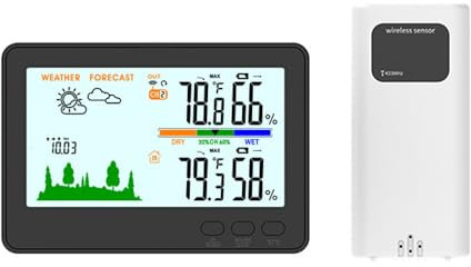 Indoor Outdoor Thermometer Hygrometer 433MHz Wireless Weather Station LCD Backlit Temperature Humidity Monitor with 328ft/100m Remote Transmitter Barometric Pressure Display Low Battery Alert