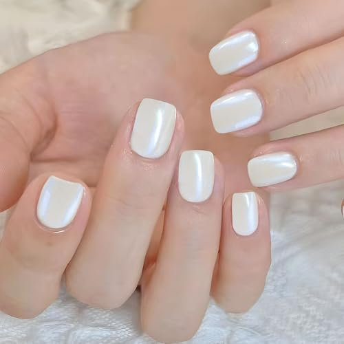 24Pcs Faux Ongle Court Carré Blanc Paillette Press on Nails Manucure Couverture Complète avec Colle pour Femme Fille