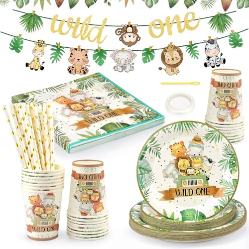 Dschungel Safari Partygeschirr für 25 Gäste, Dschungel Geburtstag Dekoration Safari Partygeschirr, Wild One Geburtstag Deko Umfassen Girlanden für Kindergeburtstag Deko Junge Mädchen