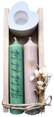 Ich hab dich lieb - Geschenkset - Kerzen Stabkerzen Kerzenset - Trockenblumen - mit Kerzenständer Herz - in Holzbox Holzverpackung - Geschenk - Geburtstag - Jahrestag - Valentinstag - Freundin - Frau