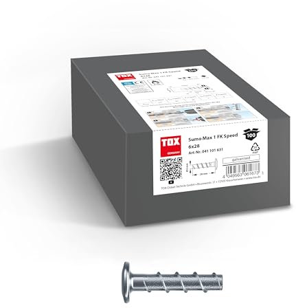 TOX Schraubanker Sumo Max 1 FK Speed 6x28 mm, Betonschraube aus verzinktem Stahl mit Flachkopf und geringer Bohrtiefe, schnelle Montage, bauaufsichtlich zugelassen, 100 Stück im Karton, 041101631