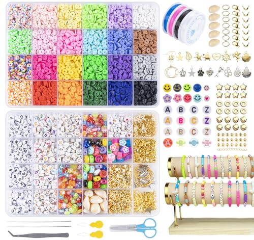 ABSOFINE Perlen für Armbänder 8000+, 24 Farben Polymer Clay Buchstaben perlen set für freundschaftsarmbänder selber machen Mädchen Bastelset Geschenk