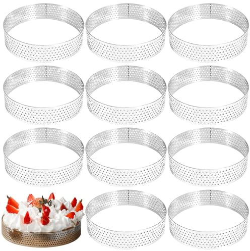 Lot de 12 moules à tartelettes en mousse, ronds de 8 x 2 cm, anneau de mousse à dessert avec trous, en acier inoxydable, pour la fabrication de tartes, quiches, cercles de donutsburgers
