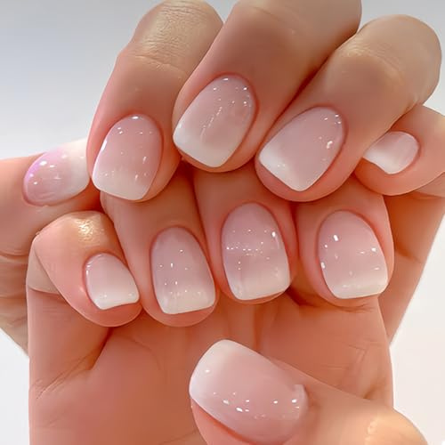 KQueenest Ombré Rosa Press On Nails Kurz Eckig - Acryl Nägel zum Aufkleben French, Natürlich Fake Nails French Nail Press on Soft Gel Fingernägel zum aufkleben für Frauen, 24 Stück