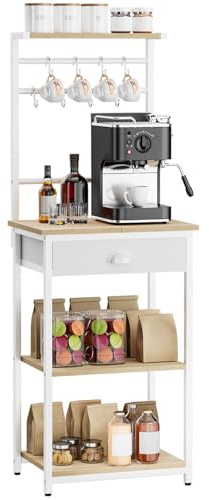 YMYNY Scaffale da Cucina, Porta-caffè in legno a 5 livelli, Scaffale per macchina del caffè, Organizzatore di 12 ganci, Cassetti in tessuto, 33 x 43 x 134,5cm, per Soggiorno, Ufficio, Naturale HBR009R