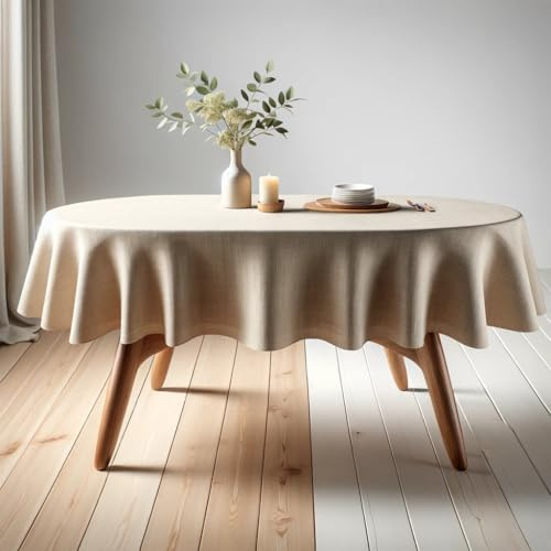 SANLEHAUSE Nappe Ovale Lavable, Beige 155 x 180cm Lin, Facile d'entretien, Aspect Lin, Perforée à la Main, pour Salon, Salle à Manger, Balcon, Jardin
