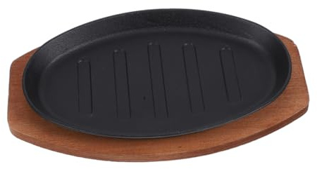 VICASKY Cast Iron Griddle Plate with Lid Nonstick Teppanyaki Skillet for Steak Cooking 12 Inch BBQ Tray for Western Cuisine with Wooden Base