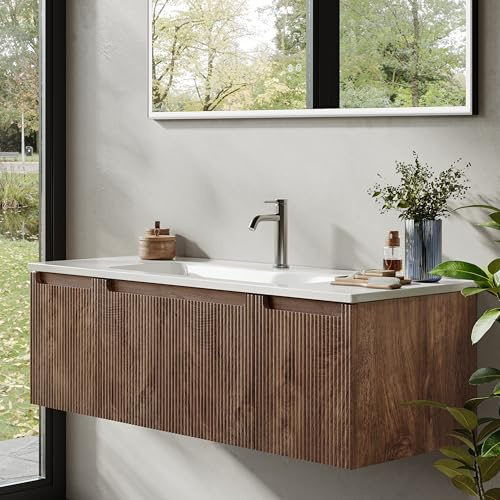 BRIDGE BENO 120 cm Wandwaschtisch Mit Mineralharzspüle, Schublade Und Tür, Ultradünn, Soft-Close, Gerippter Akzent, Geeignet Für Große Badezimmer, Forest Walnut