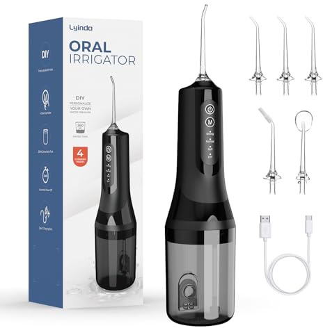 Dentaire Hydropulsuer Professionnel Irrigateur Oral de 260ML, 4 Modes de Pression d'eau et 5 Embouts Remplaçables, USB Chargé Étanche IPX7, Portable Water Flosser Pour La Maison et Les Voyages Noir
