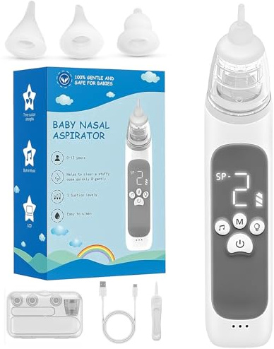 DEUKNICE Aspirador nasal eléctrico para bebé, aspirador nasal para bebé, aspirador nasal recargable, con 3 boquillas de silicona y 3 niveles de succión, gris