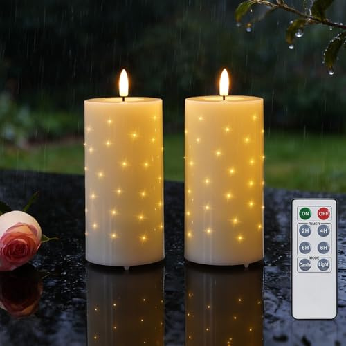 Rhytsing 2 Velas LED Color Marfil con Luces de Fibra Óptica para Exteriores, Velas a pilas con Mando a Distancia para Jardín, Balcón y patio, IP44 resistente al agua, Altura de 15 cm